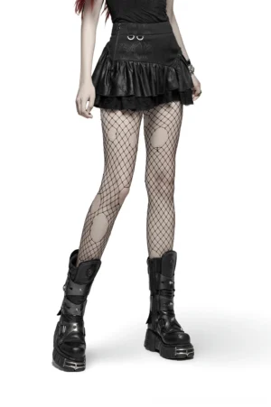 Black gothic lace ruffle mini skirt front view on model, metal eyelets and layered hem detail