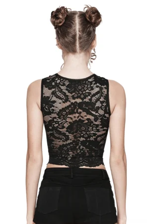Gothic lace tank top rear view displaying sheer mesh back and scalloped cropped hem with ornate filigree edging