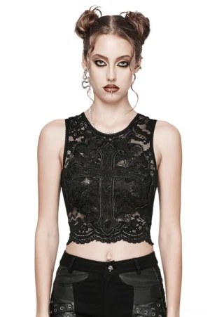 Black lace gothic tank top with cross embroidery worn by model, front full-body view showcasing sleeveless crew neck and fitted silhouette