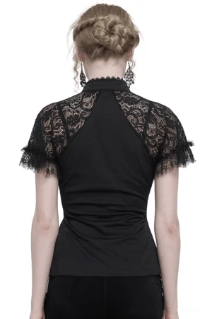 Black gothic lace slim t-shirt back view showing fitted silhouette and lace sleeve details