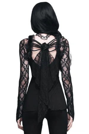 Gothic black lace top with rose bow back cutout and tassel hem detail on model - back view showing backless design