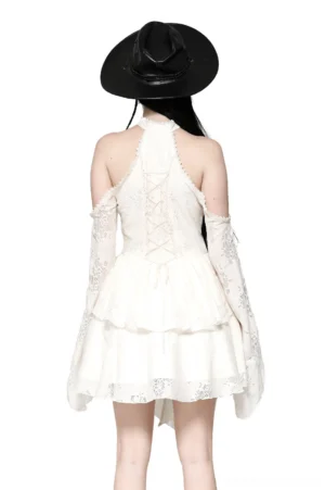 Gothic beige lace dress showing corset lace-up back closure with layered ruffled skirt - rear view on model with black hat