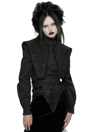 Gothic lace-up blouse with 3D plant collar and ruffled details, worn by model showing front three-quarter view