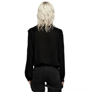 Black gothic blouse rear view showing sheer viscose fabric and relaxed fit on model from behind