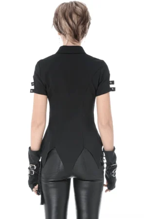 Black gothic lace-up blouse back view showing pointed split hem and fitted silhouette on model