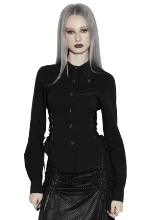 Black lace-up gothic blouse with cross collar worn by model, front view full body