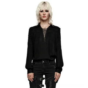 Victorian gothic lace-up blouse front view with deep V-neck, pleated lantern sleeves, and pointed collar on model