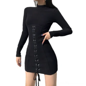 Black gothic lace-up bodycon mini dress with mock neck and long sleeves, front full view on model