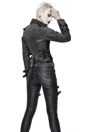 Black gothic coat back view on model - split hem detail, studded waist belt, and zipper cuff design