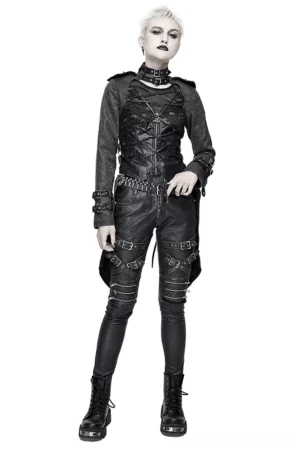 Gothic lace-up black coat front view on model - crisscross lace detail, shoulder rivets, and steampunk aesthetic