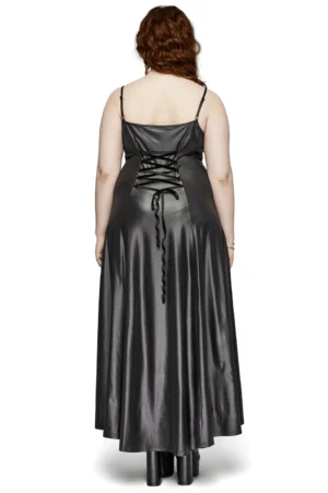 Black gothic maxi dress featuring dramatic lace-up corset back design, rear full-body shot on plus-size model