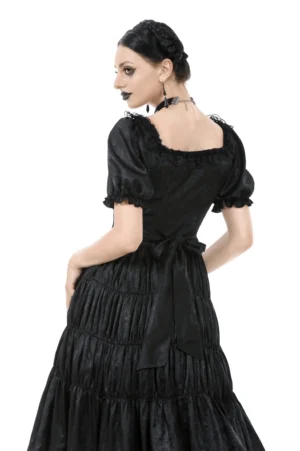 Black Gothic Lace-Up Corset Dress - Back Full Body View with Waist Ribbon Bow Detail