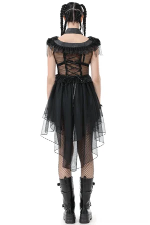 Black gothic tiered tulle dress back view showing corset lace-up closure, high-low asymmetrical skirt with sheer mesh panels, perfect for alternative fashion