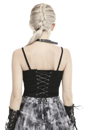 Back view of gothic corset showing lace-up closure and adjustable spaghetti straps