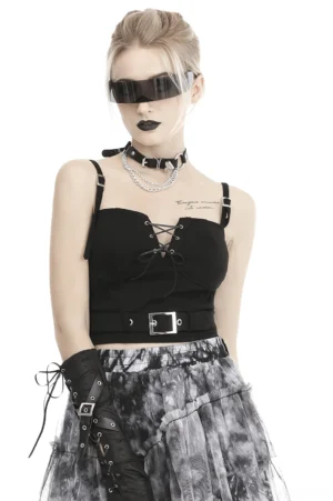 Black lace-up front crop corset with metal waist buckle, front view on model wearing fishnet details
