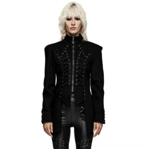 Black lace-up gothic denim jacket front full-body view, featuring metal eyelet details and fitted silhouette on blonde model