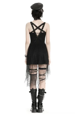 Black gothic corset dress back view showing pentagram cross straps and back lace-up detail