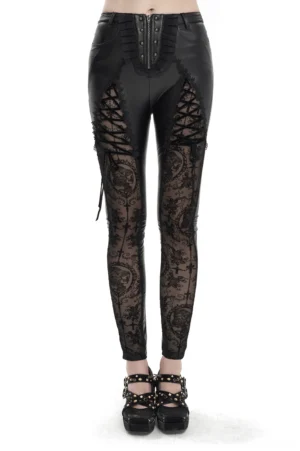 Black gothic lace-up leggings front full-body view with faux leather waist and lace leg panels on female model
