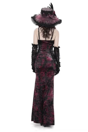 Back view of burgundy tie-dye gothic lace-up mermaid dress with spaghetti straps and elegant back design