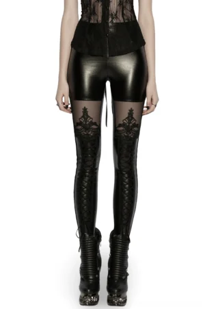 Black lace-up mesh gothic leggings full front view on model showing rubberized upper and lace mesh leg details