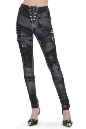 High-waist gothic lace-up pants with metal buckle straps, front full body view on model