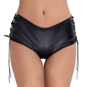 Black patent leather lace-up gothic shorts with side bandage detail, front view showing adjustable metal eyelets and drawstring laces