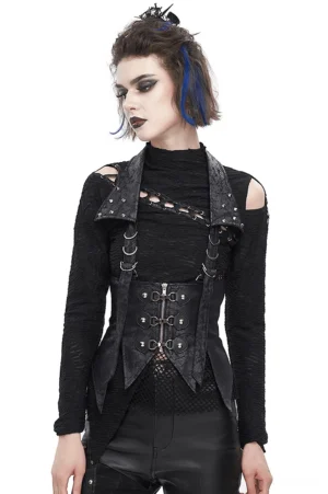 Women's black gothic lace-up waistcoat with studded detachable collar, front view on model