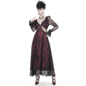 Gothic wine red lace deep V-neck maxi dress with black floral overlay and waist cutout, front three-quarter view on model