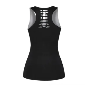 Women's black gothic tank top with ladder cutout back design, rear flat lay view on white background - architectural back detail