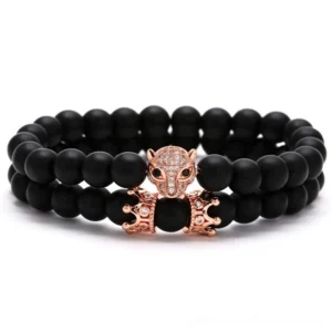 Rose Gold Panther Head Gothic Lava Stone Bracelet with Cubic Zirconia Pave Setting, Double-Layer Beaded Design