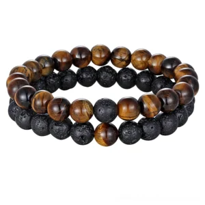 Black Lava Tiger Eye gothic couples distance bracelet set - dual strand natural stone beads flat lay