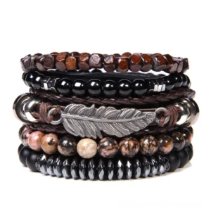 Gothic layered beaded bracelet set with natural stone beads and feather pendant, brown and black stone bracelet stack