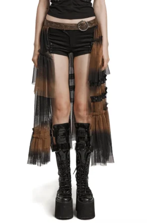Black layered mesh half skirt with cracked leather belt, worn by female model, front view studio shot showcasing ombre brown-black gradient tulle layers and asymmetrical high-low hemline