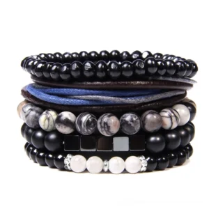 Gothic multi-strand bracelet set featuring natural stone beads in black, blue, and gray with vintage leather braided cords and rhinestone accents layered together on white background