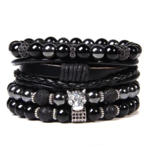 Gothic layered beaded bracelet set with natural stone beads, braided vintage leather, and silver leopard charm - multi-strand design for alternative fashion