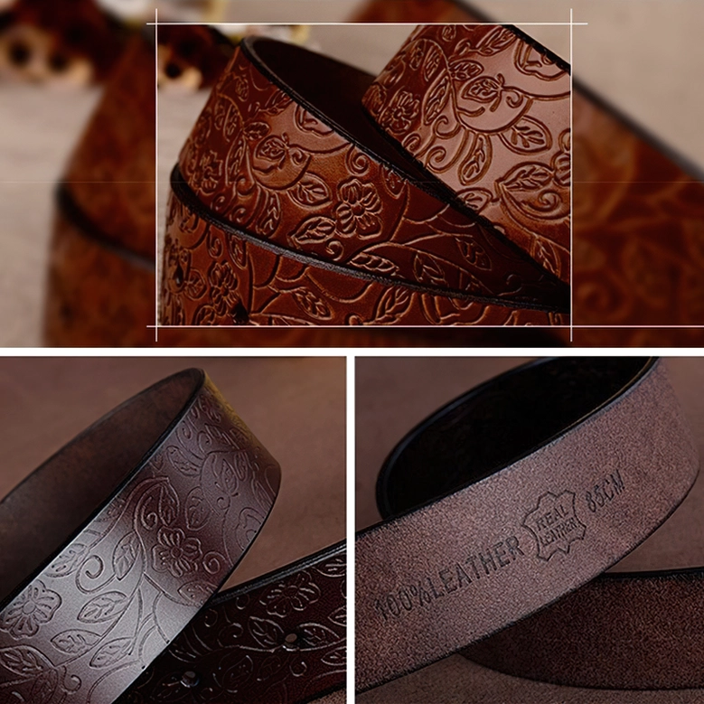 Genuine leather gothic belt with ornate hollow flower buckle displayed at angle highlighting craftsmanship