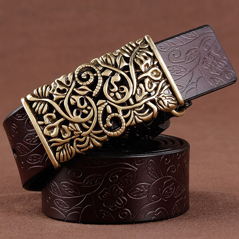 Genuine leather gothic waist belt with hollow flower buckle, full length product view