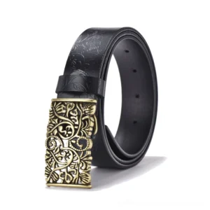 Rolled genuine leather gothic waist belt with antique bronze hollow floral buckle detail, front close-up
