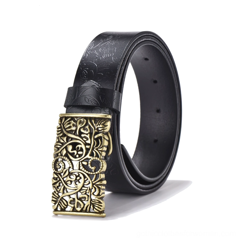 Rolled genuine leather gothic waist belt with antique bronze hollow floral buckle detail, front close-up