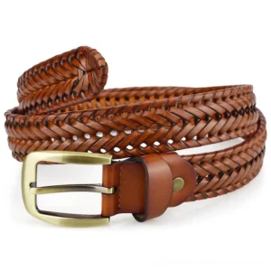 Hand-knitted tan brown gothic leather belt showcasing full woven textile design and metal buckle detail, flat lay front view