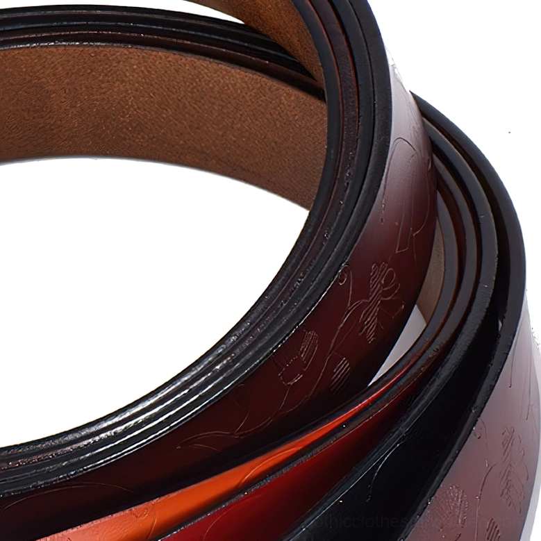 Stacked collection of genuine leather gothic belts in multiple colors displaying interior leather tones