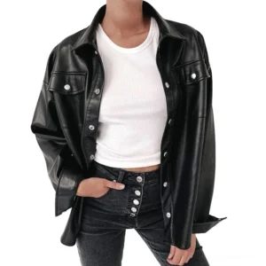 Black PU leather gothic blouse worn by model, front three-quarter view showing chest pockets and full-length sleeves