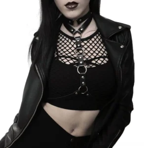 Gothic leather body harness with silver metal rings displayed on model in half-body front view with punk aesthetic