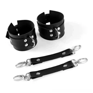 Bondage leather cuffs with adjustable snap fasteners and silver hardware, multiple angle side view displaying construction