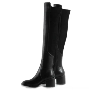 Black genuine leather over-the-knee gothic boots with chunky block heel and elastic side panels, left front view