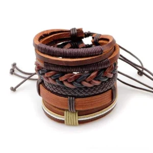 Brown leather gothic bracelet set with 5 pieces showing mixed braided rope and flat band designs in rich brown tones, overhead studio view