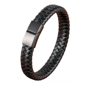 Black braided leather gothic bracelet with matte black magnetic clasp - dark minimalist wrist accessory
