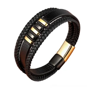 Gothic magnetic leather bracelet for men with black gold stainless steel accents and geometric pattern design