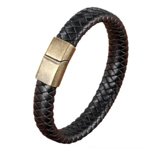 Khaki tan braided leather gothic bracelet with antique bronze magnetic clasp - vintage gothic style