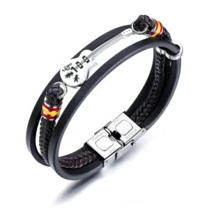 Electric guitar themed gothic leather bracelet with striped accent details and stainless steel hardware
